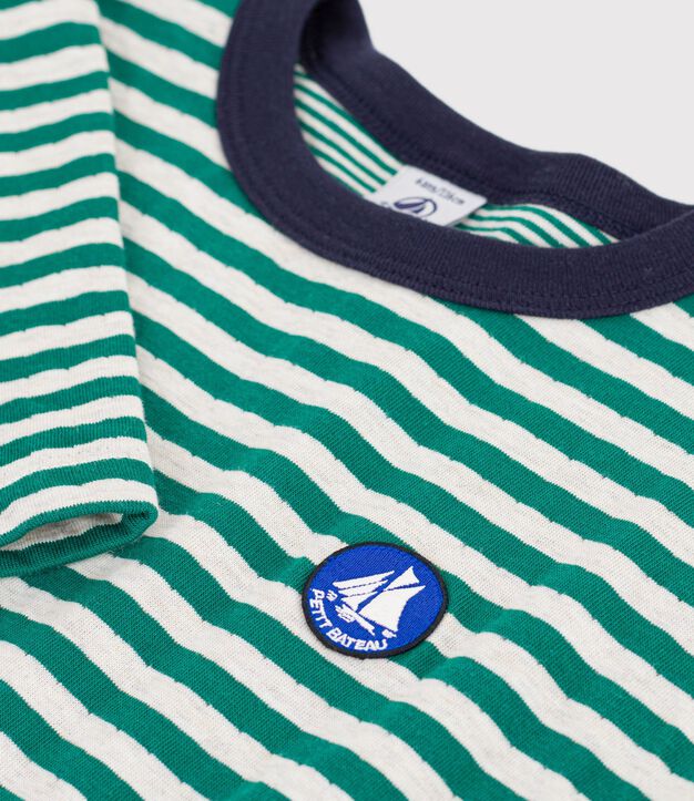 Katoenen T-shirt met lange mouwen en strepen voor kinderen groen/beige/groen