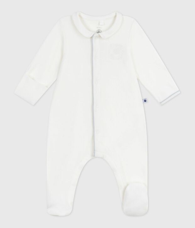 Fluwelen babypyjama met effen kraag wit