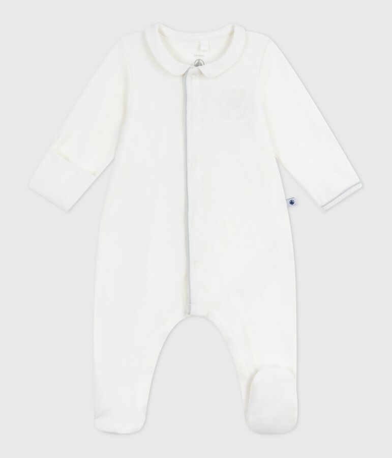 Fluwelen babypyjama met effen kraag wit