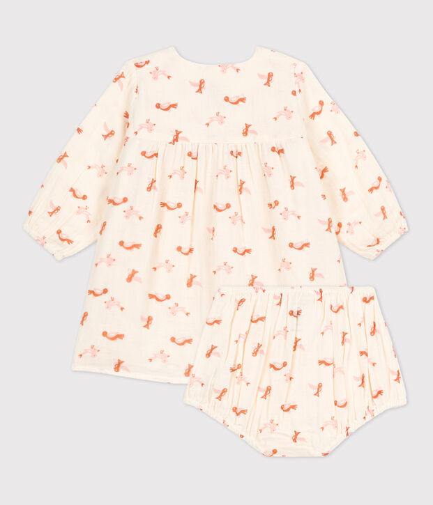 Jurkje en bloomer met vogeltjesprint van luchtig katoen voor baby's ecru/multicouleur