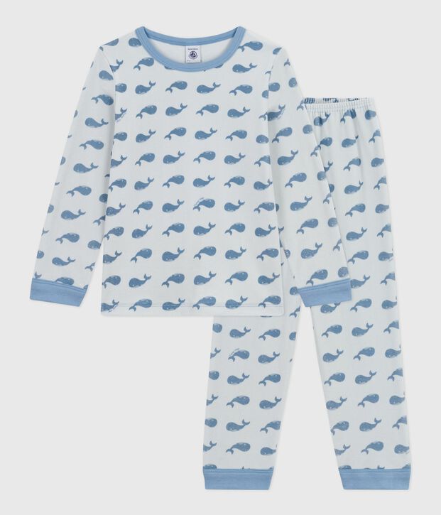 Fluwelen kinderpyjama met walvisjesprint blauw/blauw