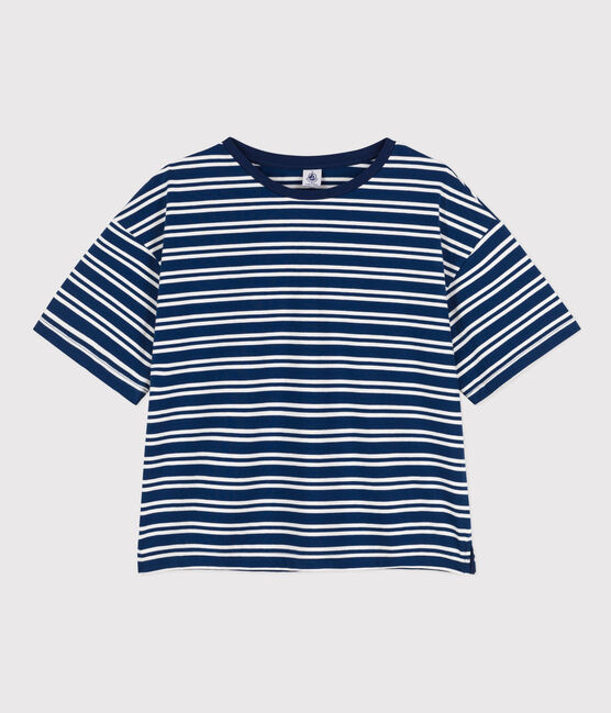 LE BOXY, T-shirt voor dames in katoen  blauw MEDIEVAL/wit MARSHMALLOW