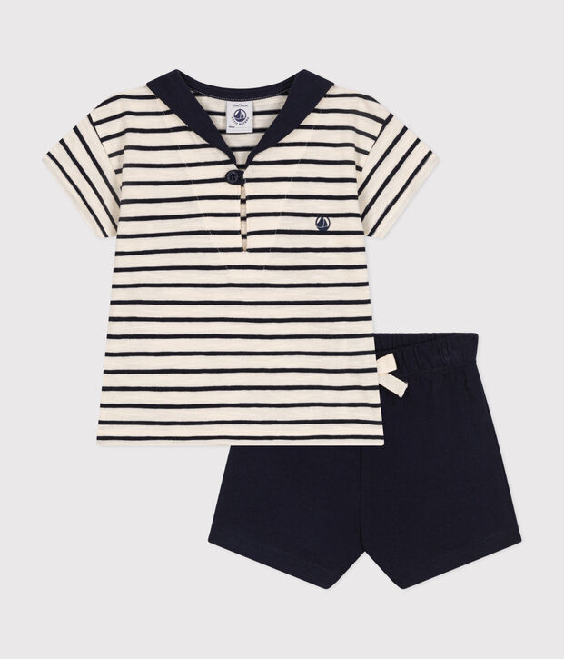 Setje met een T-shirt en short van jersey voor baby's ecru/blauw