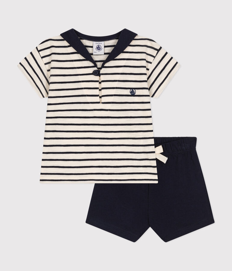 Setje met een T-shirt en short van jersey voor baby's ecru/blauw