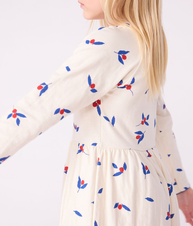 Meisjesjurk met lange mouwen in katoen ecru/multicouleur