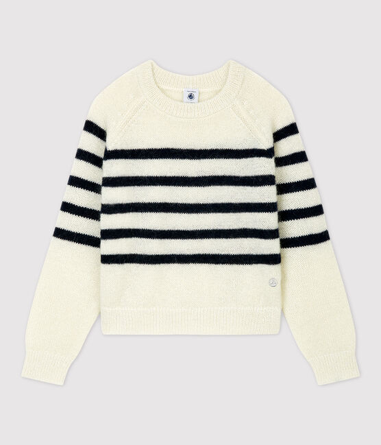 Meisjespull van mohair en katoen wit MARSHMALLOW/blauw SMOKING