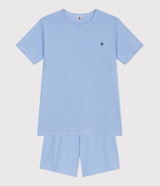 Korte katoenen kinderpyjama met streepjes blauw EDNA/wit MARSHMALLOW