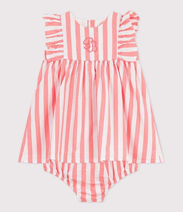 Robe b&eacute;b&eacute; en coton sans manches et son bloomer ray&eacute;s rose/blanc