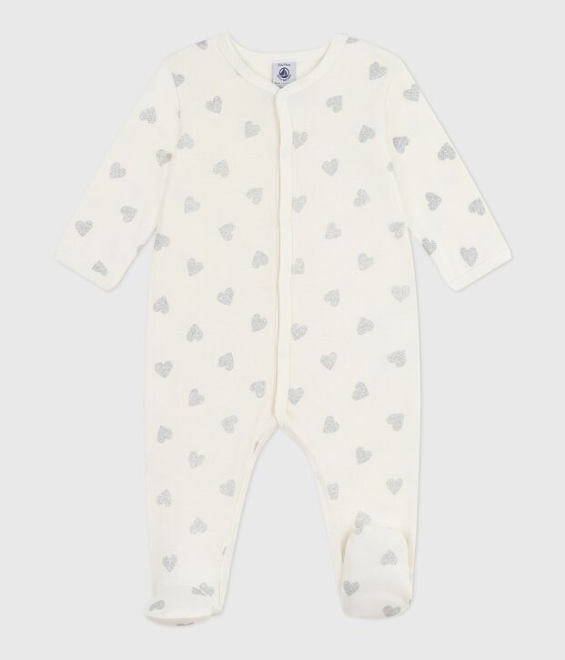 Babypyjama van katoen met zilveren glitterhartjesprint ecru/grijs
