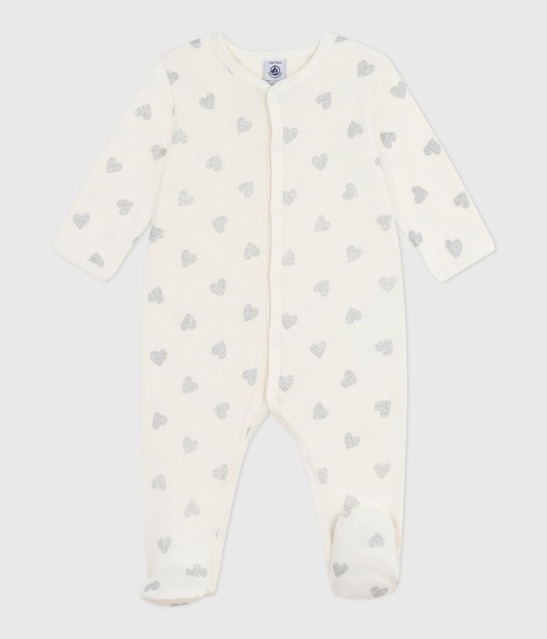 Babypyjama van katoen met zilveren glitterhartjesprint ecru/grijs
