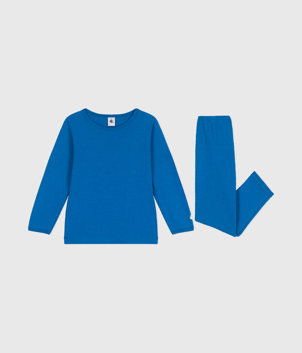 Pyjama  en c&ocirc;te d&eacute;saiguill&eacute;e  manches longues uni blauw