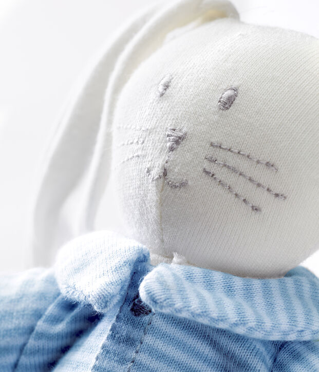 Doudou lapin habill&eacute; bleu/blanc