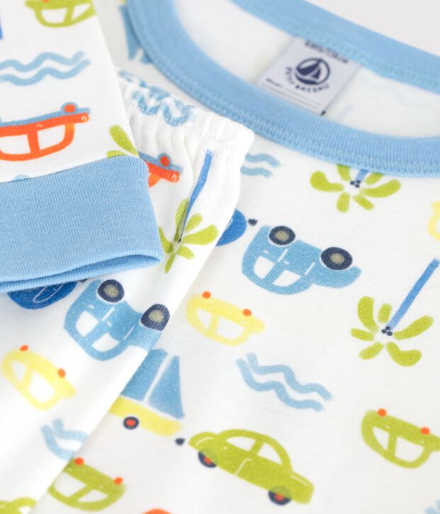 Nauw aansluitende katoenen kinderpyjama met autootjesprint wit/multicouleur