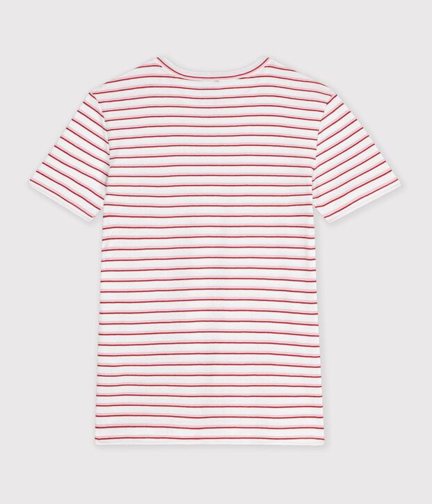Tee-shirt femme en coton manches courtes &agrave; rayures blanc/rouge
