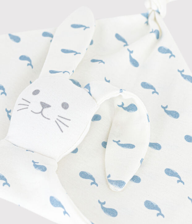 Doudou b&eacute;b&eacute; en coton imprim&eacute; baleine blanc/bleu