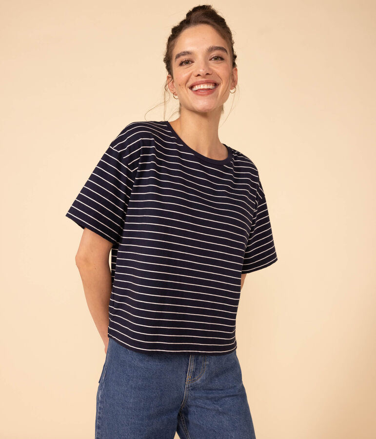 LE BOXY, T-shirt voor dames in katoen blauw/wit
