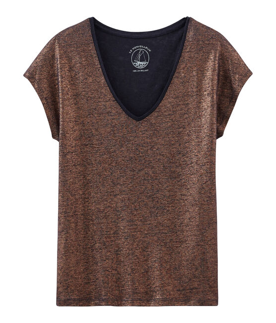 Tee-shirt manches courtes uni femme en lin irisé bleu SMOKING/rose COPPER
