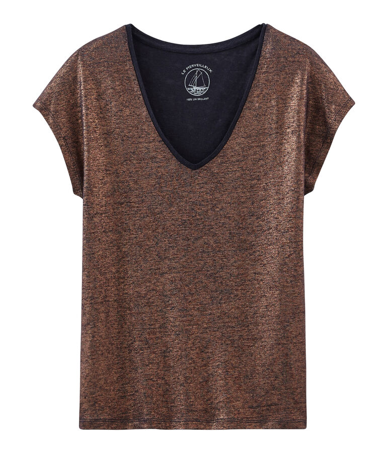 Tee-shirt manches courtes uni femme en lin iris&eacute; bleu SMOKING/rose COPPER