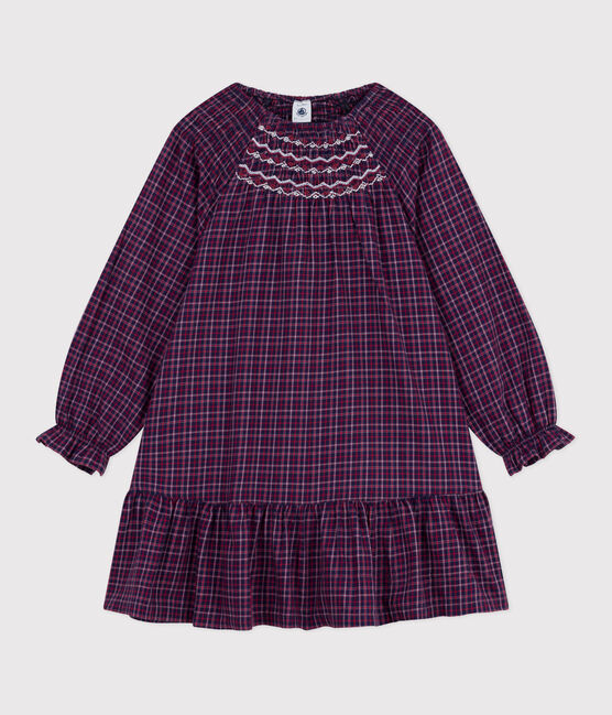 Flanellen geruite jurk met lange mouwen voor kinderen blauw SMOKING/wit MULTICO