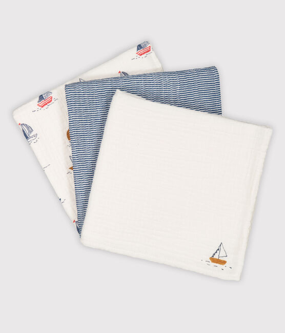 Setje met 3 babyluiers met botenprint en fijngeribd velours wit MARSHMALLOW/blauw MEDIEVAL/ MULTICO