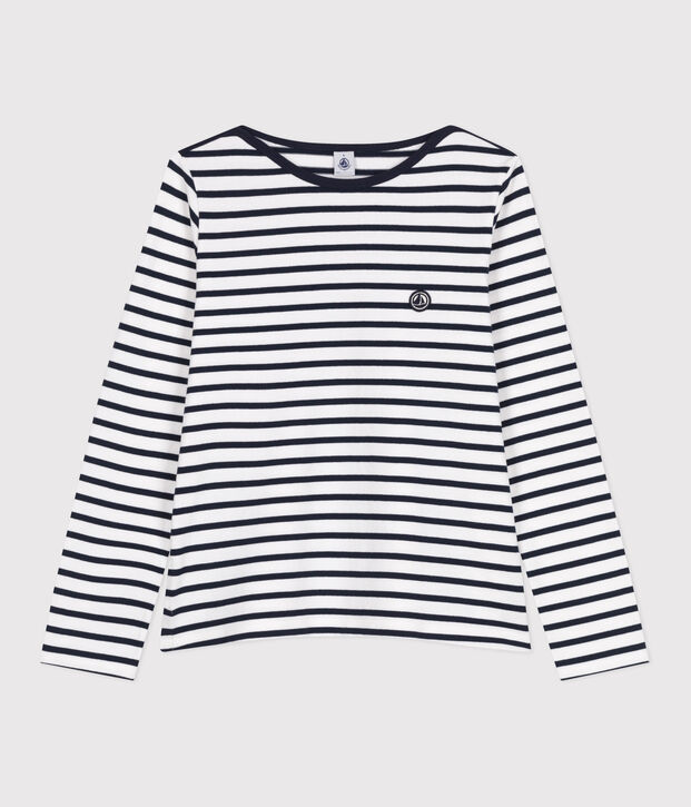 Katoenen marineshirt met lange mouw voor dames wit/blauw