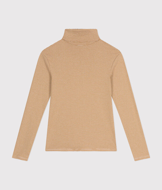 Tee-shirt col roulé L'ICONIQUE en coton Femme marron CUIVRE/ MARSHMALLOW