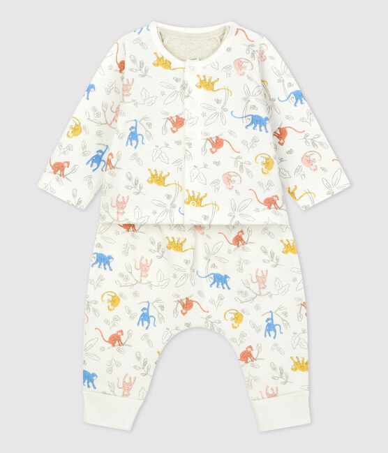 Ensemble 3 pièces imprimé singes en tubique bio bébé blanc MARSHMALLOW/blanc MULTICO