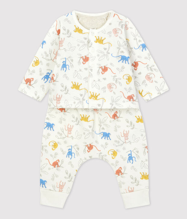 Ensemble 3 pi&egrave;ces imprim&eacute; singes en tubique bio b&eacute;b&eacute; blanc/multicouleur