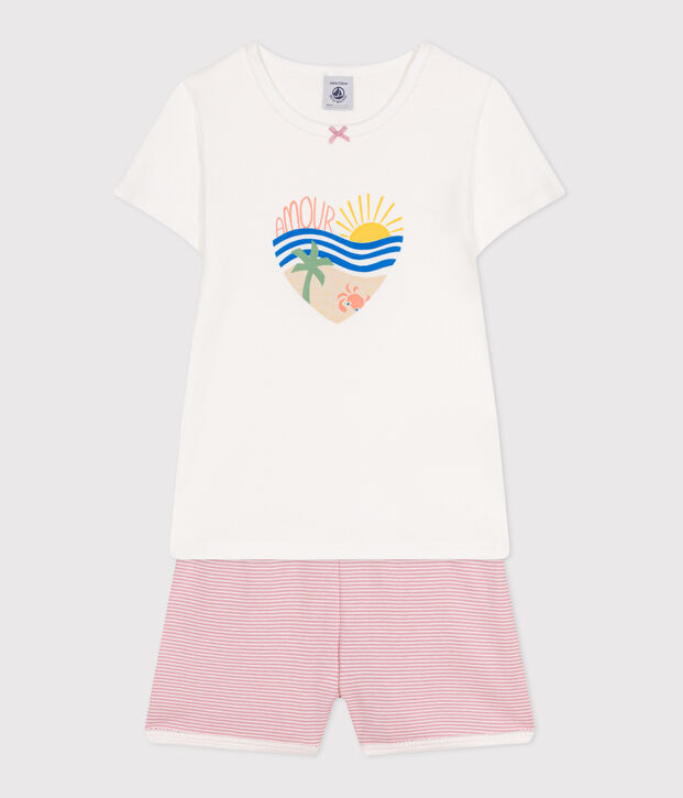 Pyjama short enfant en coton blanc/rose