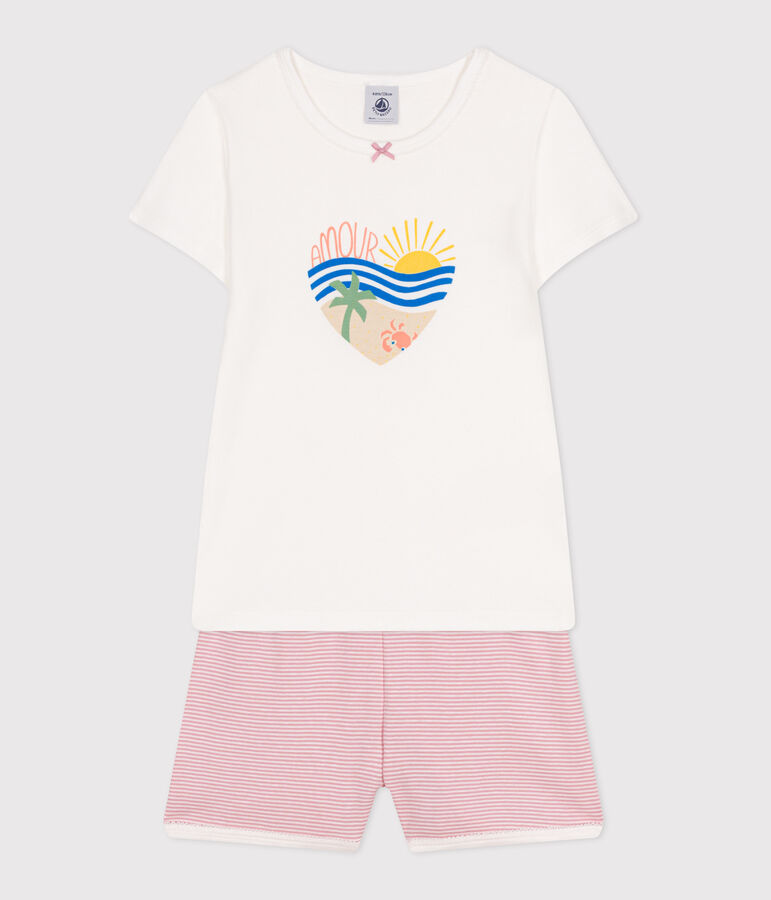 Pyjama short enfant en coton blanc/rose