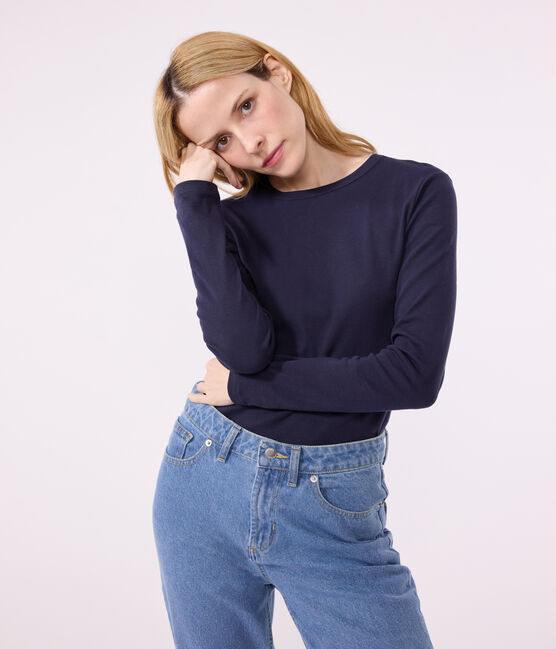 L'Iconique, T-shirt met lange mouw van effen ribstof voor dames blauw SMOKING
