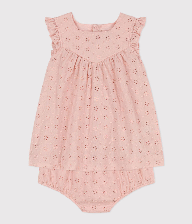 Robe b&eacute;b&eacute; avec bloomer en broderie anglaise rose