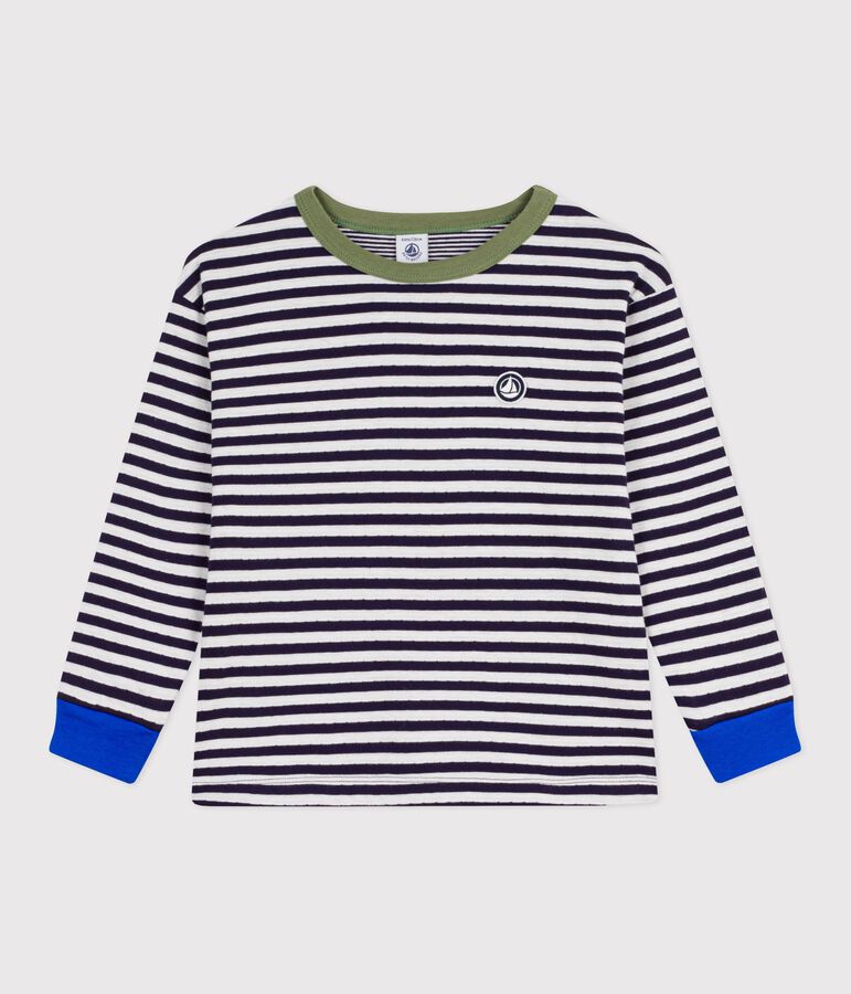 Tee-shirt enfant manches longues en coton &agrave; rayures bleu/&eacute;cru