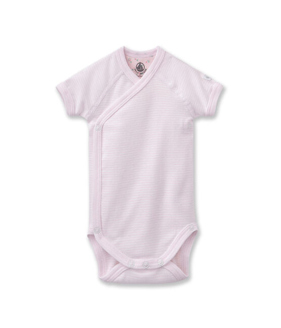Uniseks geboorte body met milleraies-strepen roze VIENNE/wit ECUME