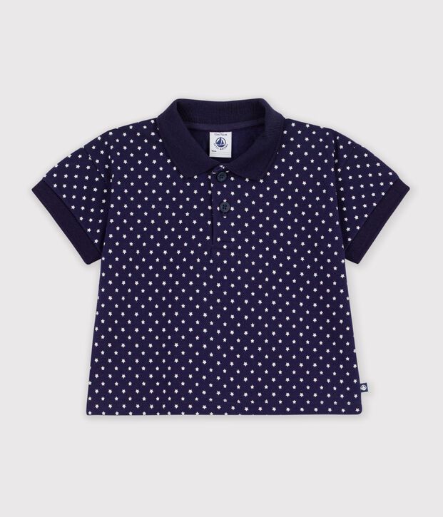 Katoenen polo met korte mouwen en bootjesprint voor baby's blauw/wit