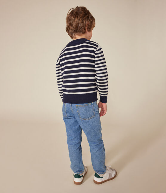 Gestreepte kindertrui in wol en katoen blauw SMOKING/wit MARSHMALLOW