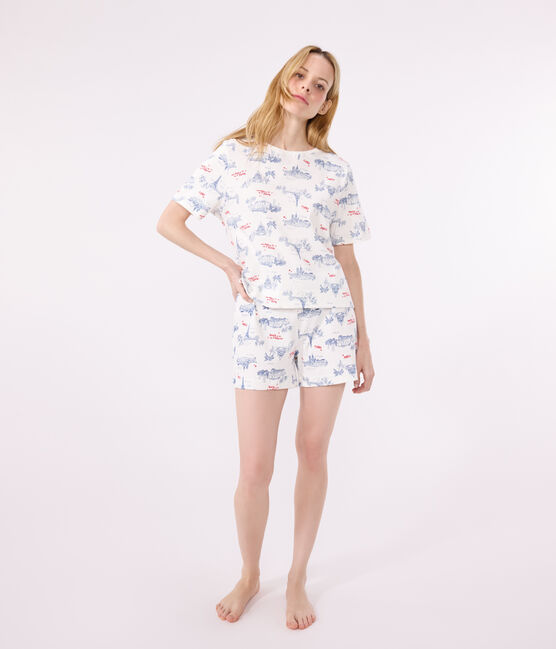 Korte katoenen damespyjama met Parijs-print wit MARSHMALLOW/wit MULTICO