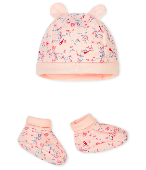 Lot bonnet naissance et chaussons bébé en tubique rose FLEUR/blanc MULTICO