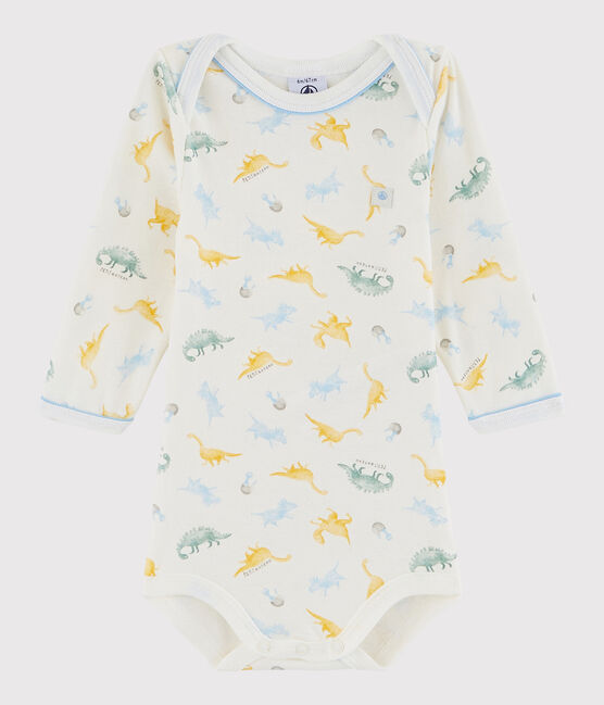 Rompertje lange mouwen babyjongen wit MARSHMALLOW/blauw BLEU/ MULTICO