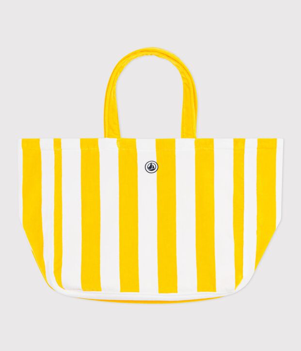 Sac de plage femme en coton &eacute;ponge &agrave; rayures jaune/blanc