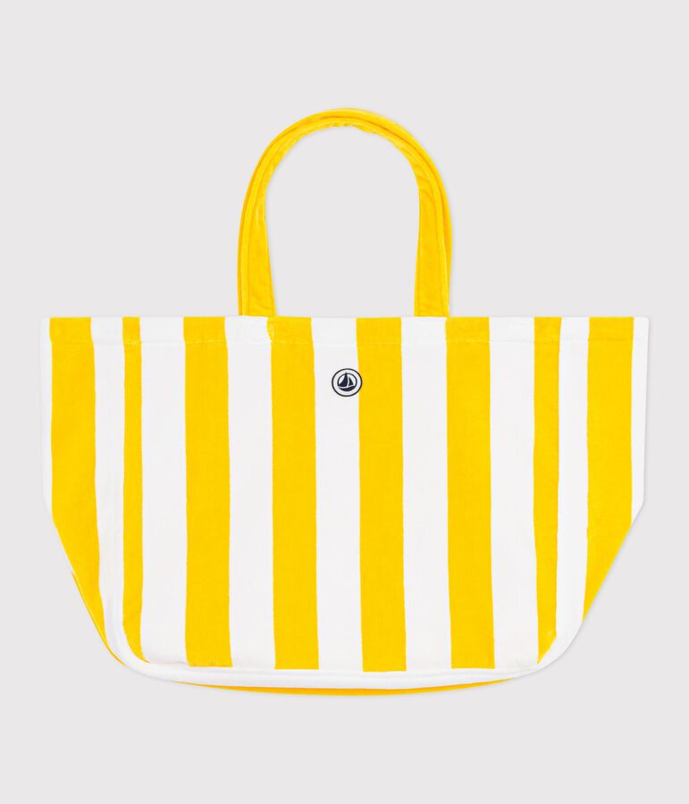 Sac de plage femme en coton &eacute;ponge &agrave; rayures jaune/blanc