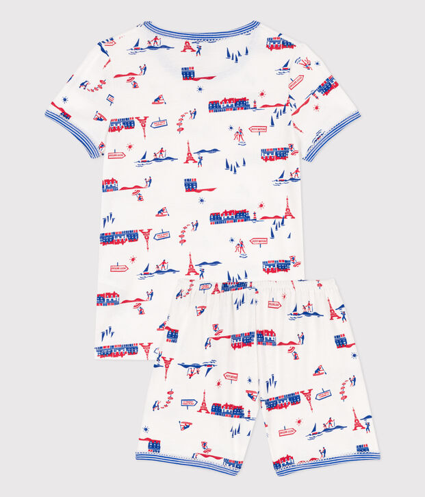 Korte katoenen meisjespyjama met 'Parijs'-print wit/multicouleur