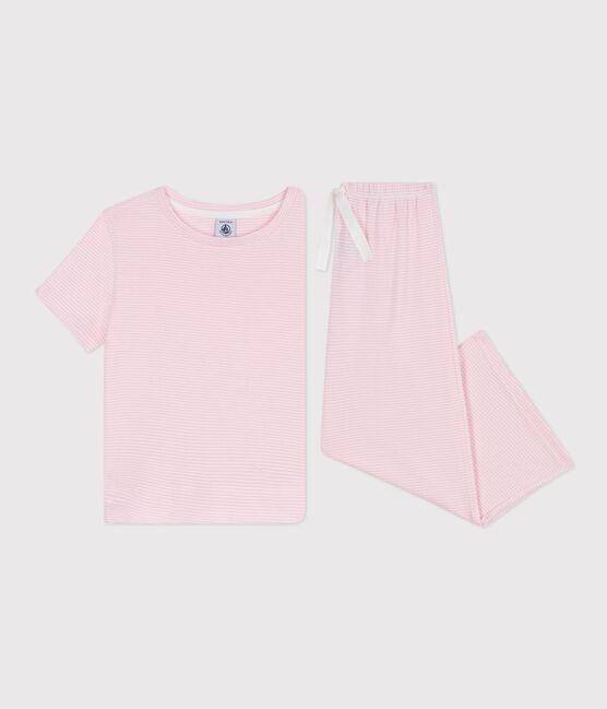 Pyjama enfant en coton manches courtes jambes larges à rayures rose MARQUISE/ MARSHMALLOW