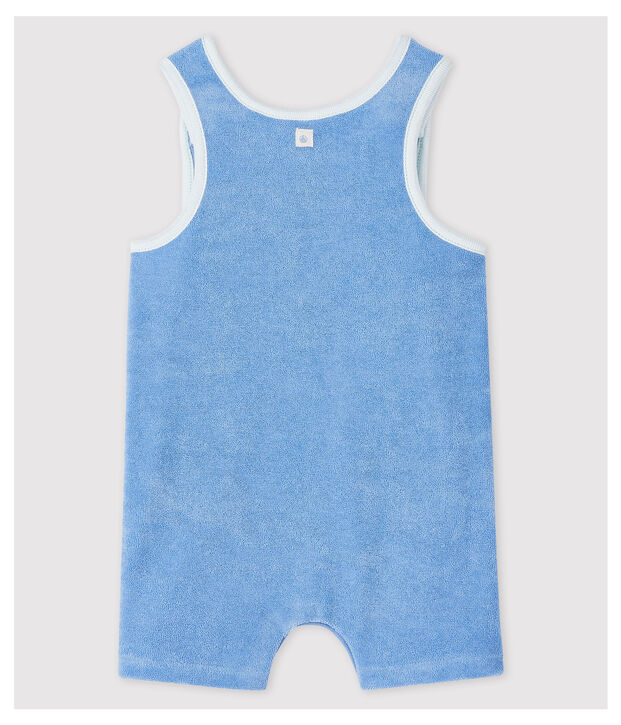 Salopette courte bleue b&eacute;b&eacute; en bouclette &eacute;ponge de coton biologique bleu