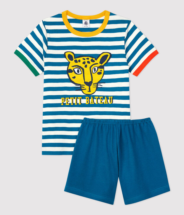Korte jongenspyjama met strepen van katoen blauw/wit