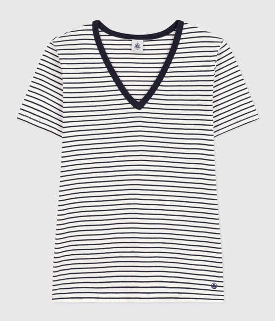 L'Iconique, gestreept katoenen T-shirt met V-hals voor dames wit MARSHMALLOW/blauw SMOKING