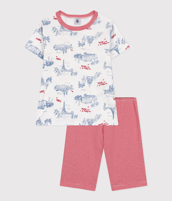 Pyjama short enfant en coton mi-long imprimé Paris blanc MARSHMALLOW/blanc MULTICO