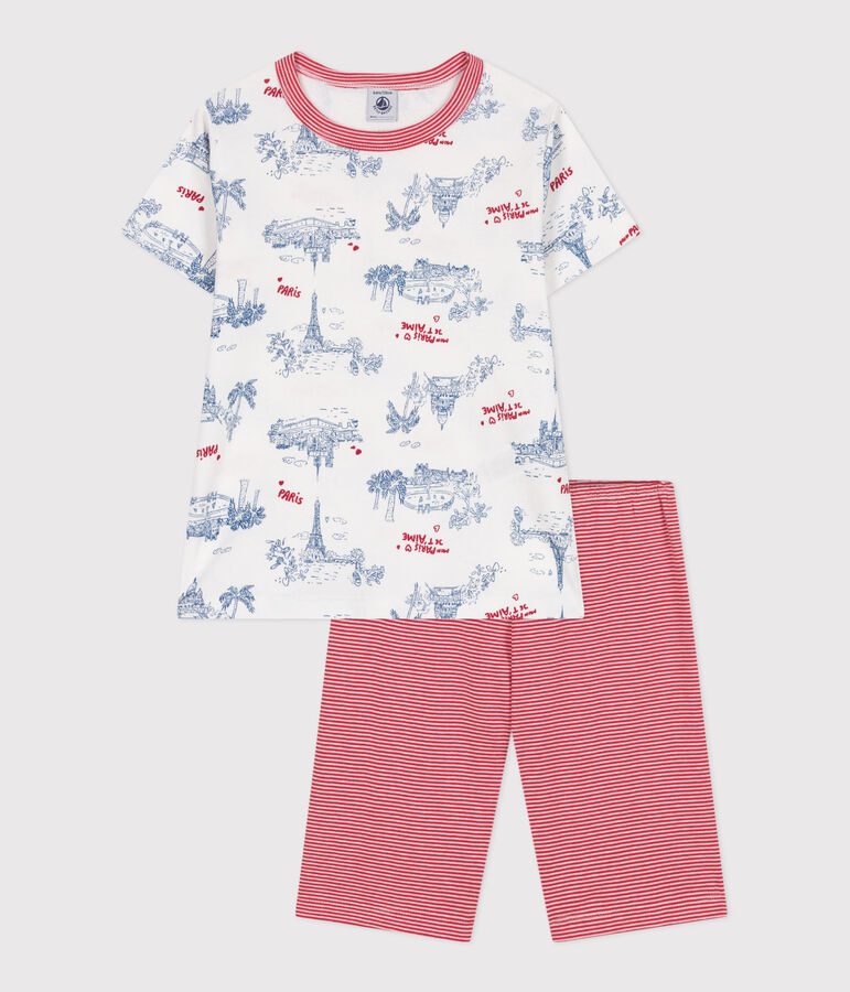 Pyjama short enfant en coton mi-long imprim&eacute; Paris blanc MARSHMALLOW/blanc MULTICO