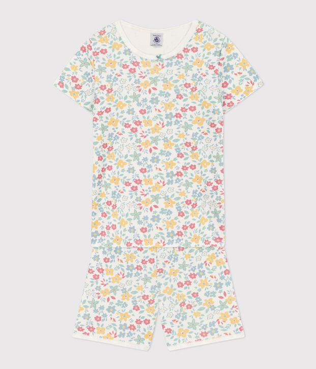 Pyjacourt fleurs en coton petite fille blanc/multicouleur