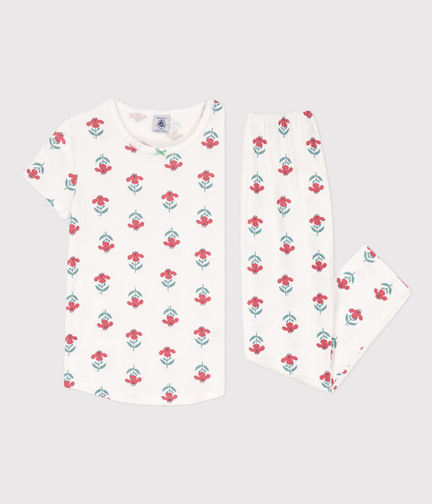 Meisjespyjama met korte mouwen en bloemenprint in katoen wit/multicouleur